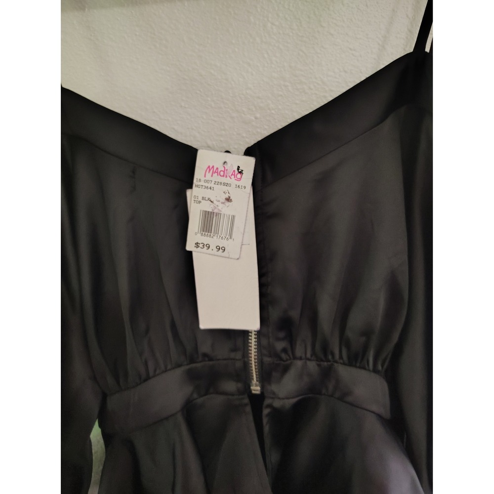 Hot & Delicious Black Satin Peplum Top Cold Shoulder Zip Front Long Sleeve Small